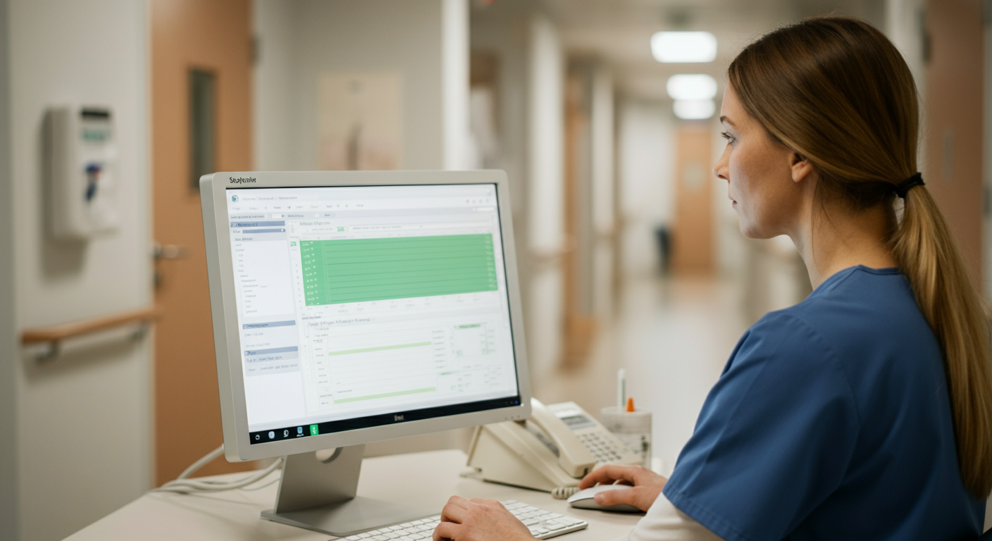 Clinician at nursing station reviewing GIA® screening results in the EHR — under two minutes to review and confirm