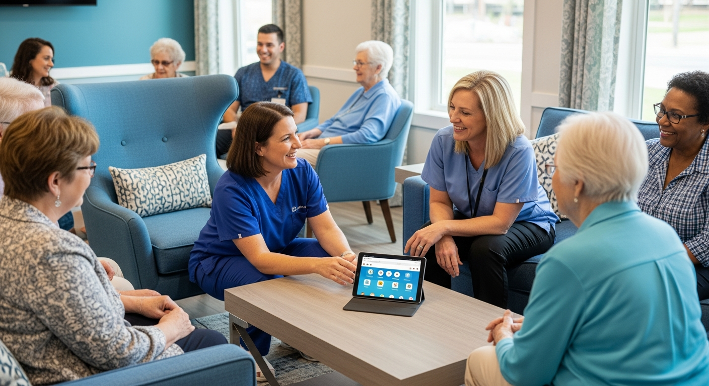 Nursing team using tablet with residents in a care setting — GIA® providing clinical support without adding workload