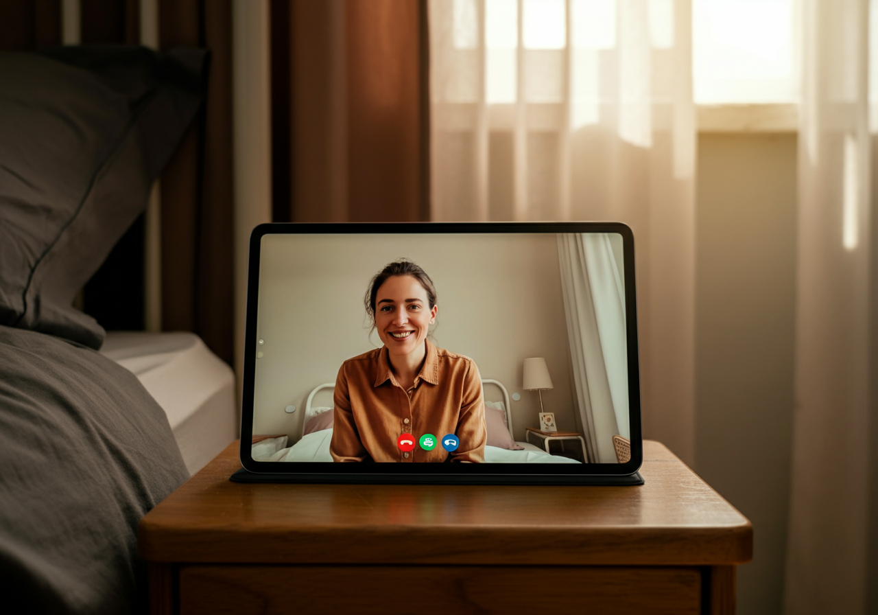 Tablet showing GIA® on a video call — cognitive screening in post-acute care